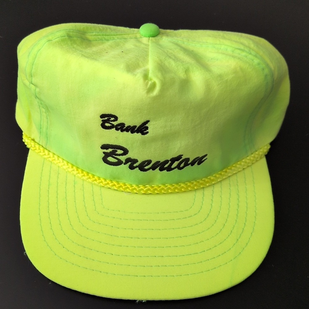 Vintage Bank Brenton Strapback Hat Neon Green Yellow Trucker Nissin Cap OSFM‎